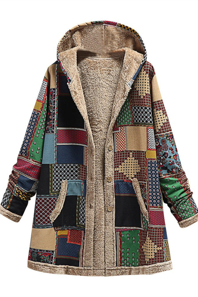 Streetwave Patchwork Fleece Hooded Long Coat Unisex Winter Streetwear Warm Cozy Soft Plush Lining