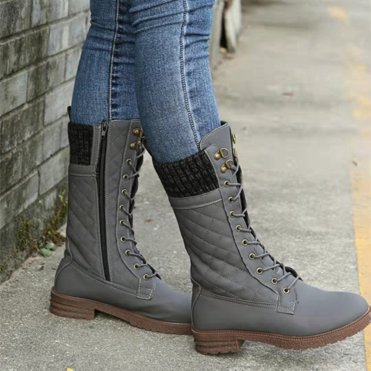 Street-wave Edgy Knee High Motorcycle Boots For Women With High Heel And Quilted Panels