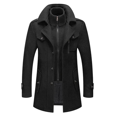 Street Wave Mens Wool Blend Trench Coat With Double Breasted Front Warmth