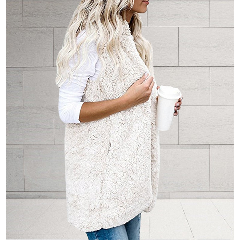 Street-wave Plush Sleeveless Hoodie Vest For Women Cozy Soft Faux Fur Pockets Warmth Everyday Wear