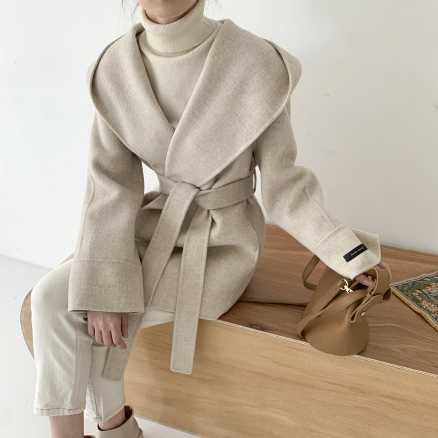 Street-Wave Womens Belted Wool Coat Warm Chic Versatile Winter Outerwear For Casual Office Days