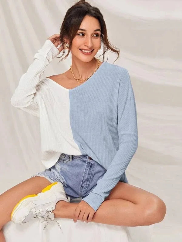 Street-Wave Contrast Pullover For Women Color Block Knit With Ribbed Texture V-Neck Chic