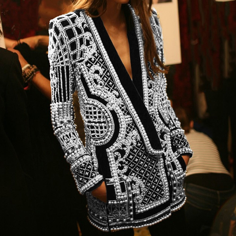 Street-wave Bejeweled Jacket for Women Luxurious Elegant Outerwear with Pearl Detailing
