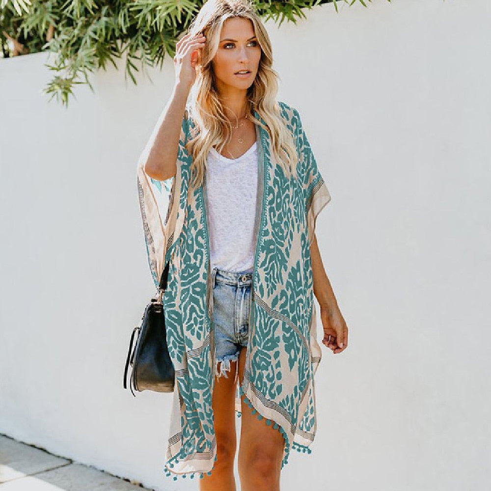 Street Wave Fiona Boho Kimono With Leaf Print And Fringed Detail For Women Lightweight Beach Coverup