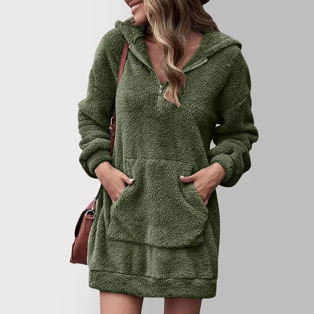 Street Wave Cozy Fleece Hoodie Dress For Women Soft Plush Pink Kangaroo Pocket Lounge Wear Essentials