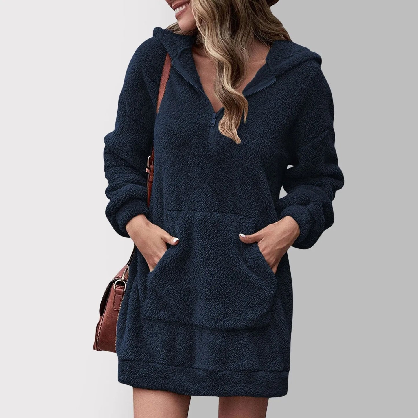 Street Wave Cozy Fleece Hoodie Dress For Women Soft Plush Pink Kangaroo Pocket Lounge Wear Essentials