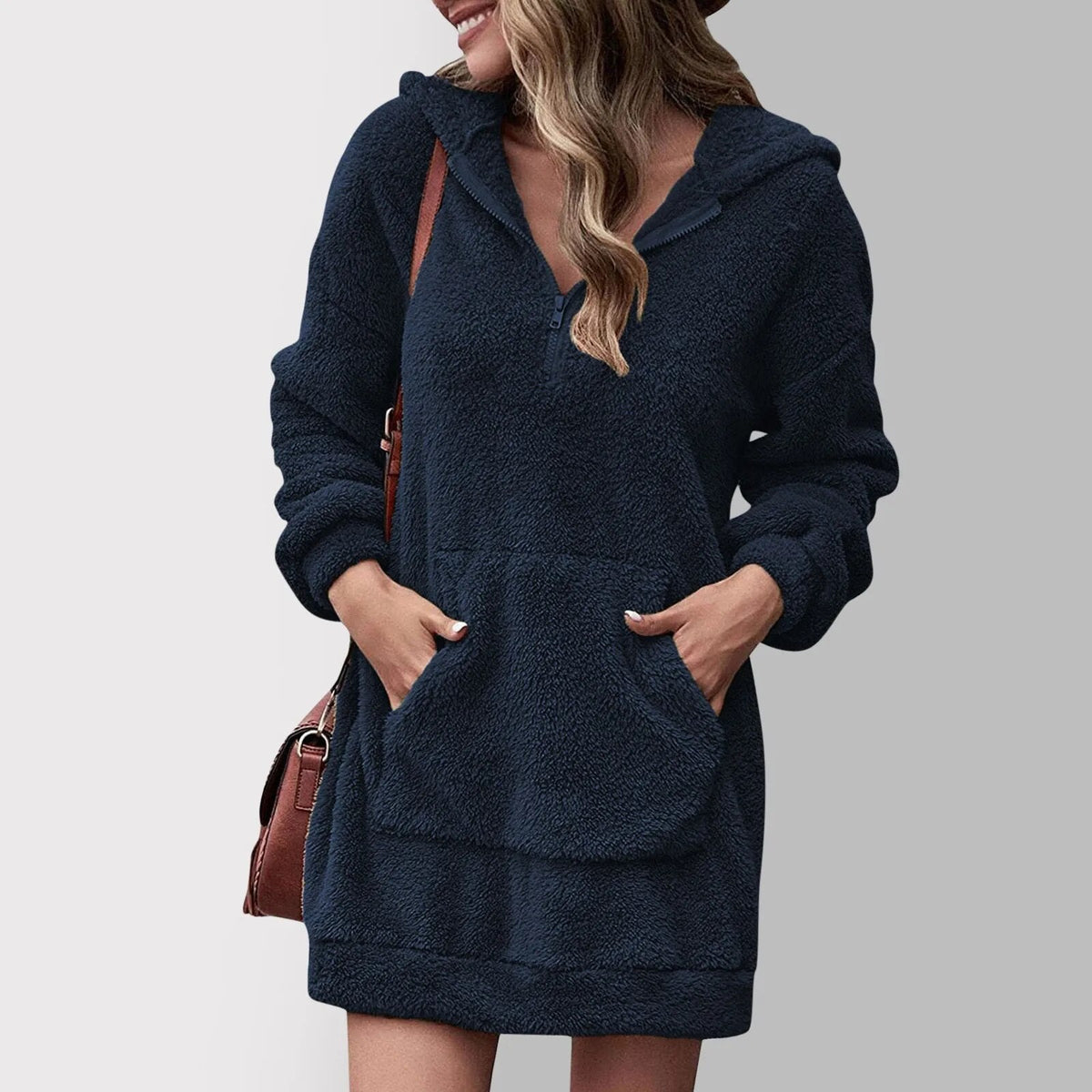Street Wave Cozy Fleece Hoodie Dress For Women Soft Plush Pink Kangaroo Pocket Lounge Wear Essentials