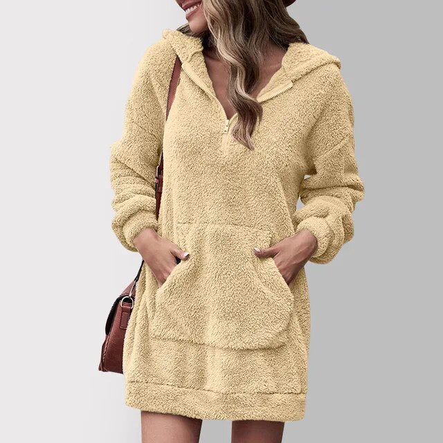 Street Wave Cozy Fleece Hoodie Dress For Women Soft Plush Pink Kangaroo Pocket Lounge Wear Essentials