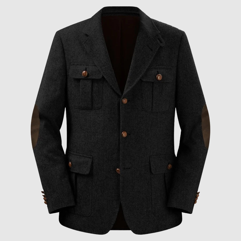 Street-Wave Herringbone Patch Pocket Tailored Men's Blazer For Autumn Winter Weddings