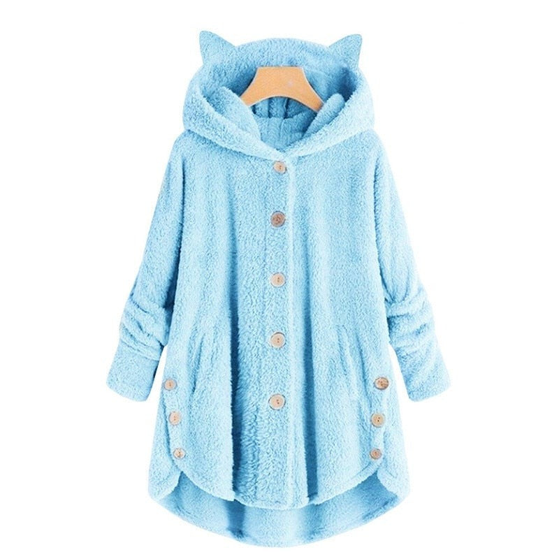 Street-Wave Cozy Plush Lined Hooded Coat For Women Warm Fleece Outerwear With Button Front