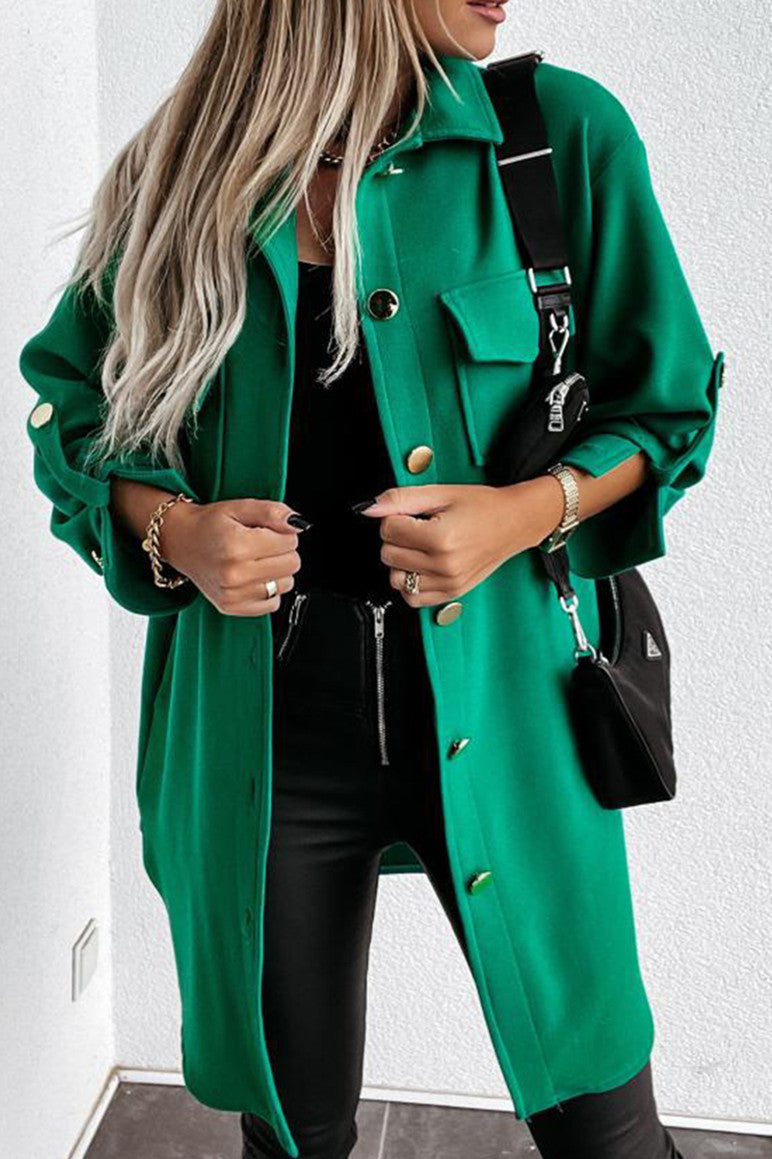 Street-wave Versatile Casual Green Jacket For Women With Turn-Down Collar And Button Front Polyester Comfort