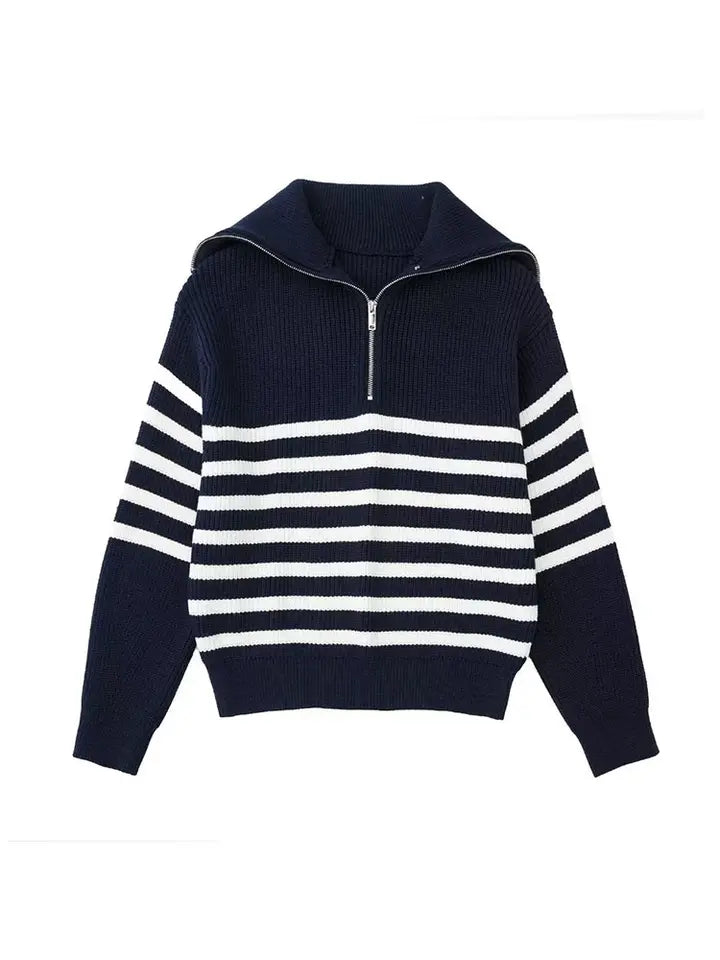 Street-wave Retro Zip Knit Pullover For Men And Women Warm Winter Sweater With Striped Design And Cozy Comfort