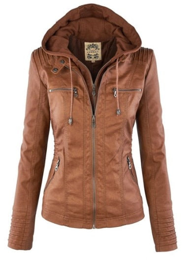Street-wave Hooded Leather Jacket For Women Trendy Durable Versatile Transitional Coat