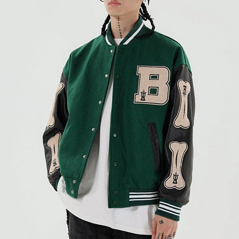 Street Wave Women Baseball Jacket Green Varsity Stylish With Bone Patch Sleeves For Women