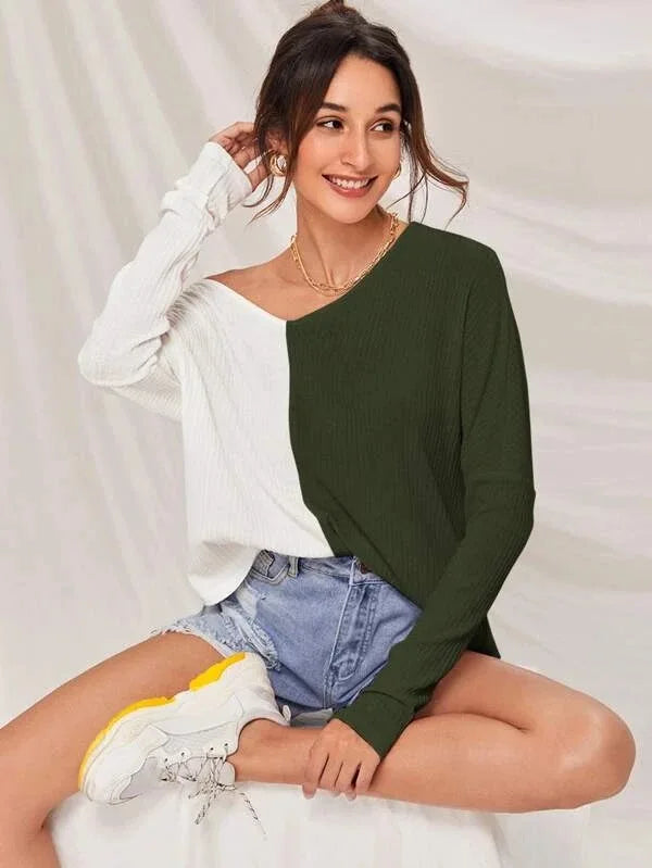 Street-Wave Contrast Pullover For Women Color Block Knit With Ribbed Texture V-Neck Chic
