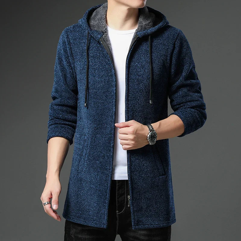 Street-Wave Finnian Chenille Wool Jacket For Men With Zip Front Fleece Lined Hood And Ribbed Cuffs