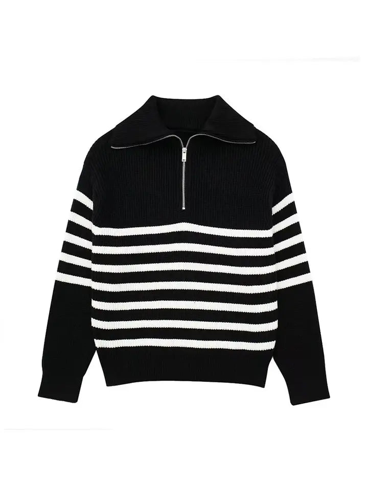 Street-wave Retro Zip Knit Pullover For Men And Women Warm Winter Sweater With Striped Design And Cozy Comfort