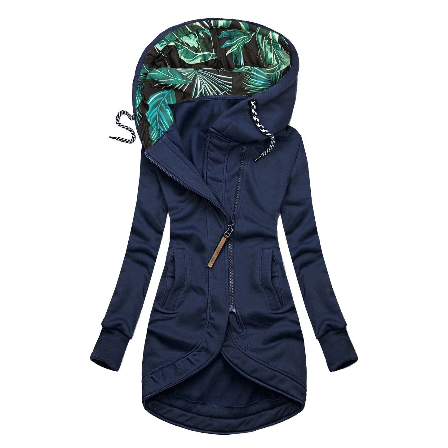 Street-wave Women Tailored Zip Up Jacket With Tropical Leaf Lined Hood For Stylish Comfort