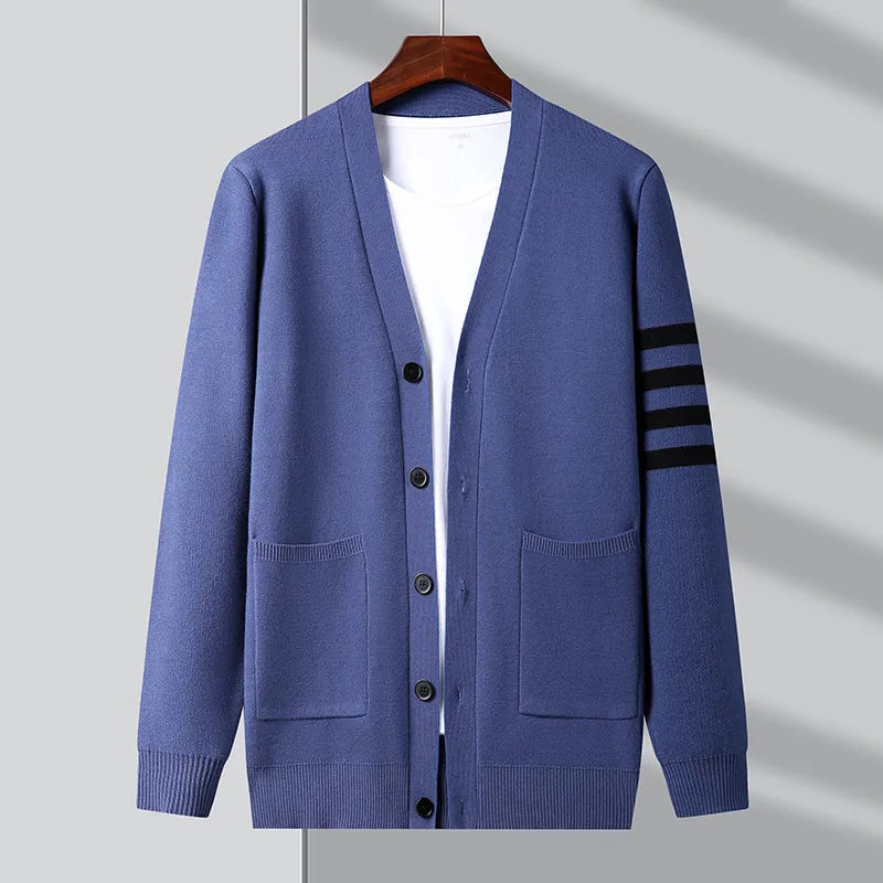 Street-wave Men's Transitional Pullover Knit Cardigan With Striped Sleeve Detail