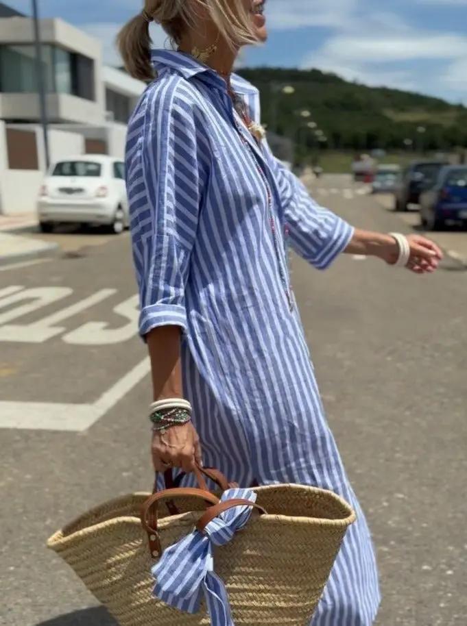Street Wave Striped Shirt Dress For Women High Low Hem Effortless Style