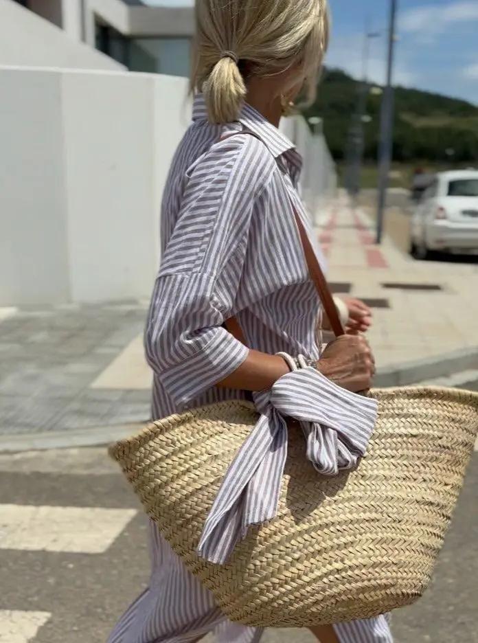 Street Wave Striped Shirt Dress For Women High Low Hem Effortless Style
