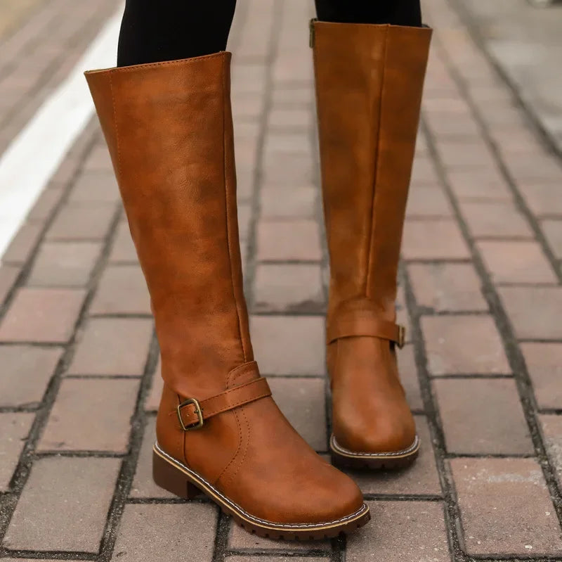 Street-Wave High-Top Biker Boots For Women Edgy Belt Buckle