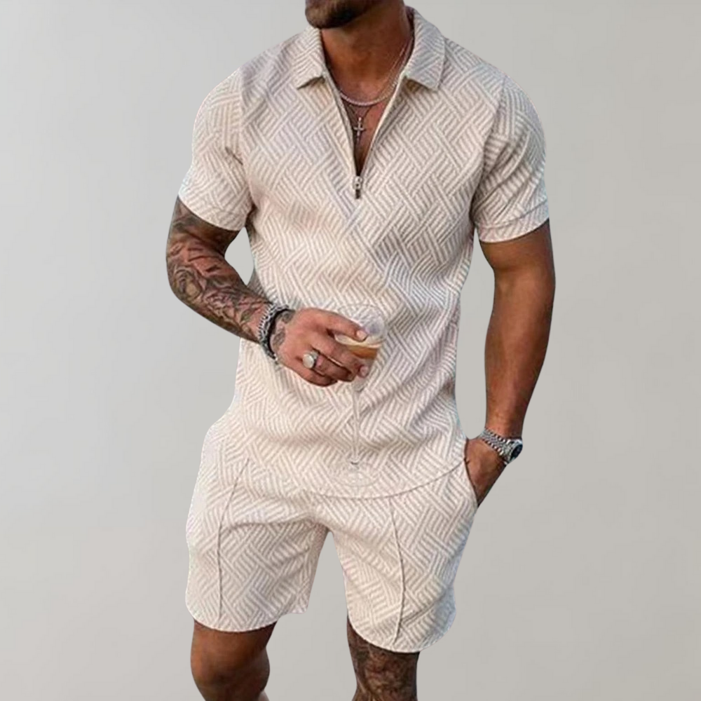 Street-Wave Mens Summer Suit 2-Piece Set Breathable Black Geometric Pattern For Fashionable Men