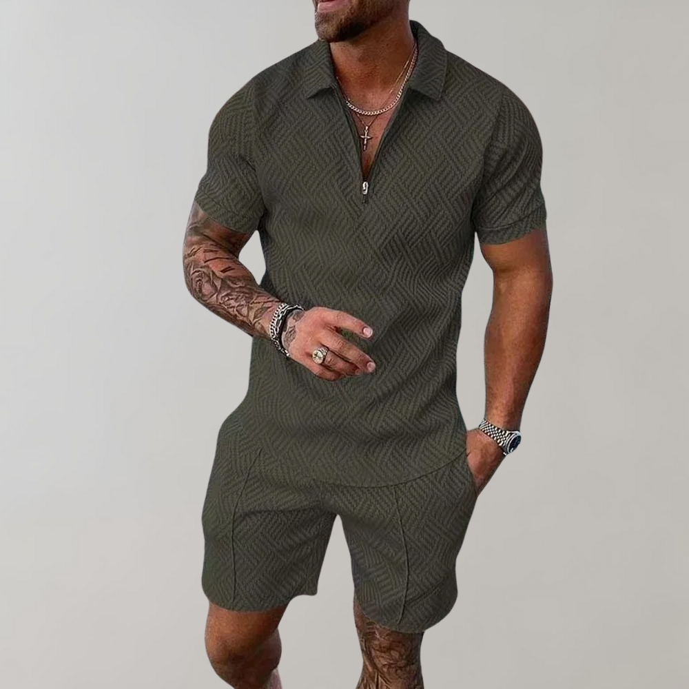 Street-Wave Mens Summer Suit 2-Piece Set Breathable Black Geometric Pattern For Fashionable Men