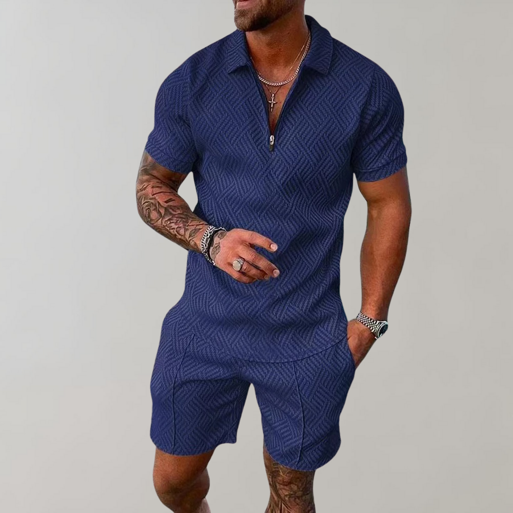 Street-Wave Mens Summer Suit 2-Piece Set Breathable Black Geometric Pattern For Fashionable Men