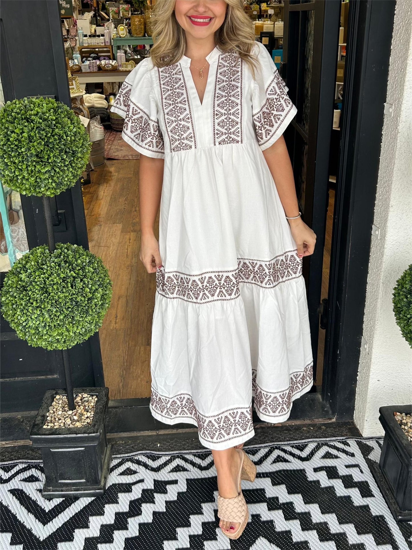 Street Wave Boho Maxi Dress Adriana Embroidered Brown Detail For Women Flattering Bohemian Style