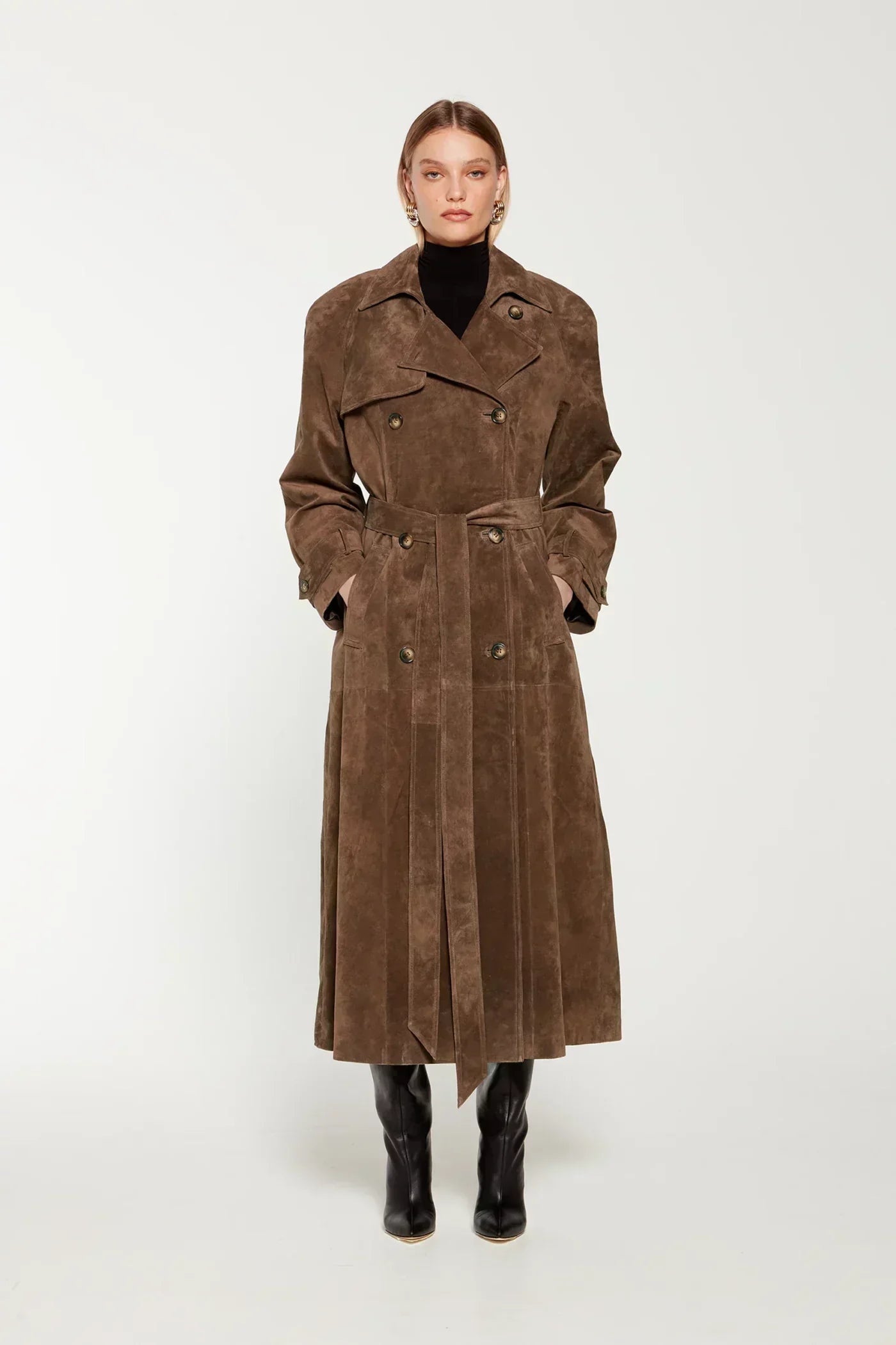 Street-wave Women's Suede Trench Coat Belted Brown With Double Button Placket Luxurious Style