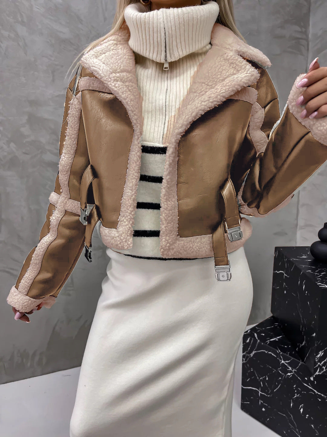 Street-Wave Womens Shearling Leather Jacket Featuring Plush Lining Belted Winter Coat