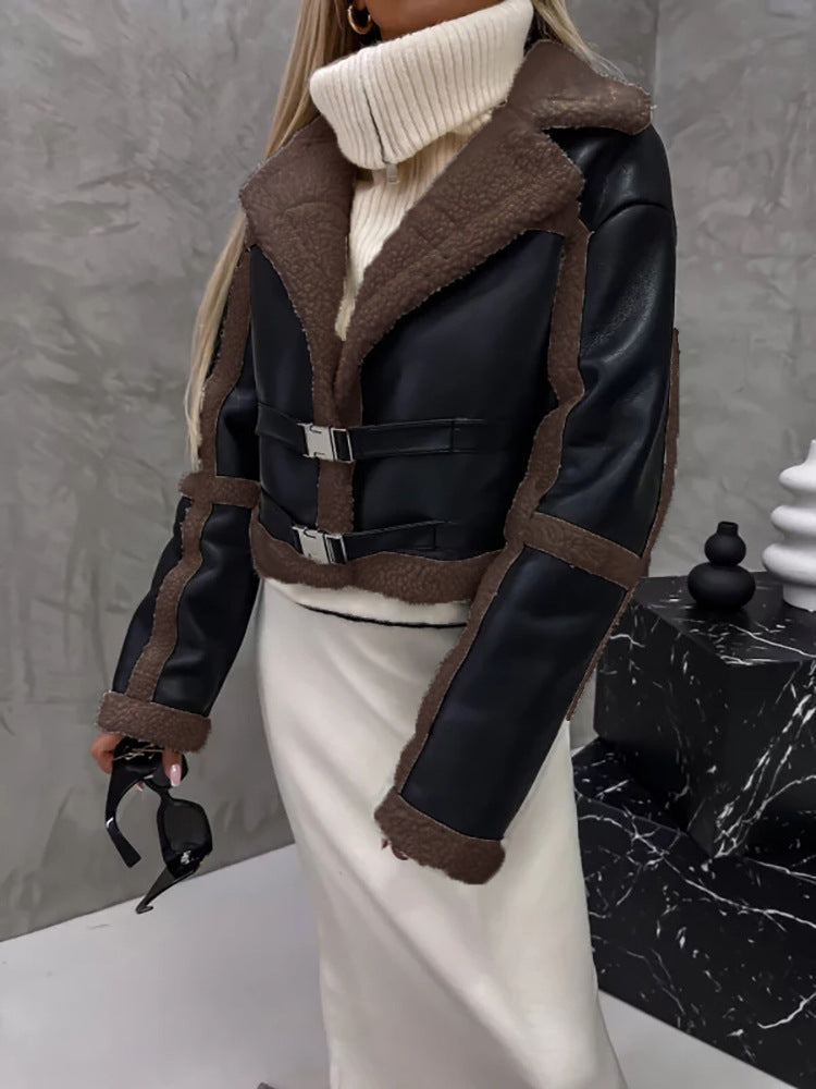 Street-Wave Womens Shearling Leather Jacket Featuring Plush Lining Belted Winter Coat