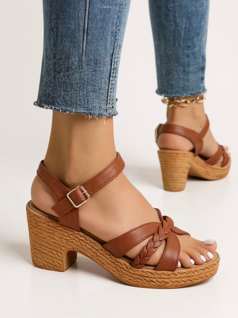 Women's Woven Block Heel Sandals with Cushioned Insole and Adjustable Strap