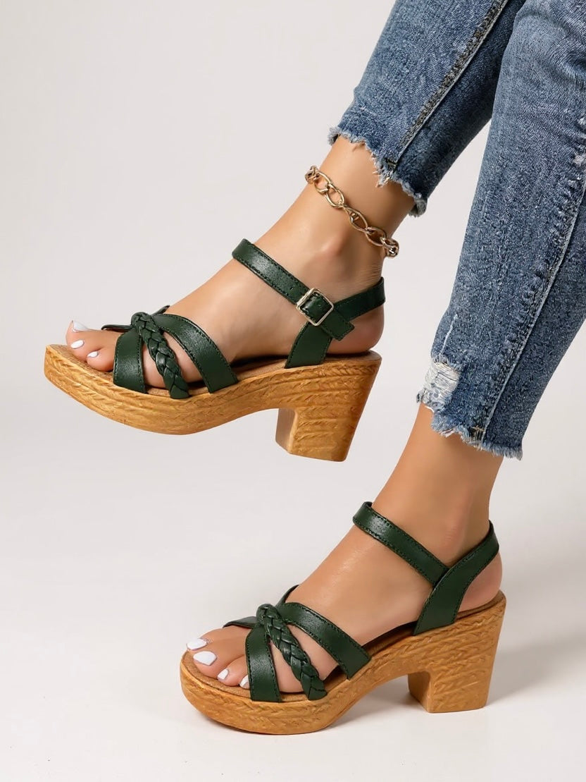Women's Woven Block Heel Sandals with Cushioned Insole and Adjustable Strap