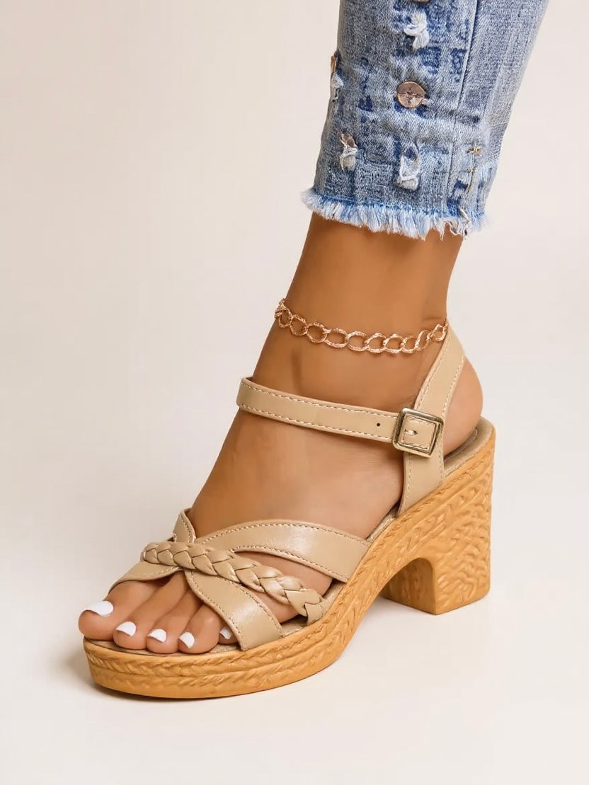 Women's Woven Block Heel Sandals with Cushioned Insole and Adjustable Strap
