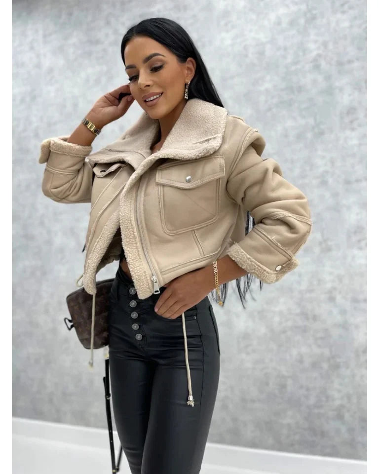 Street-wave Womens Puffer PU Jacket With Cozy Shearling Collar Modern Chic Winter Warmth And Street Style