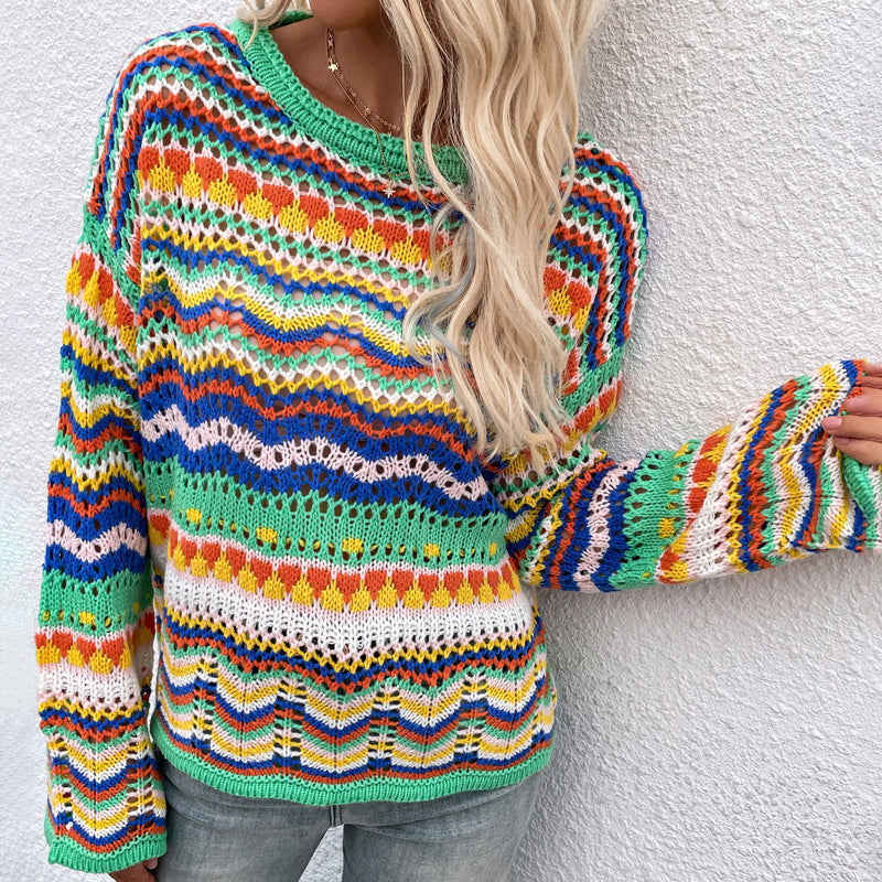 Street Wave Striped Knit Sweater For Women Soft Cotton Acrylic Blend Cozy All Season