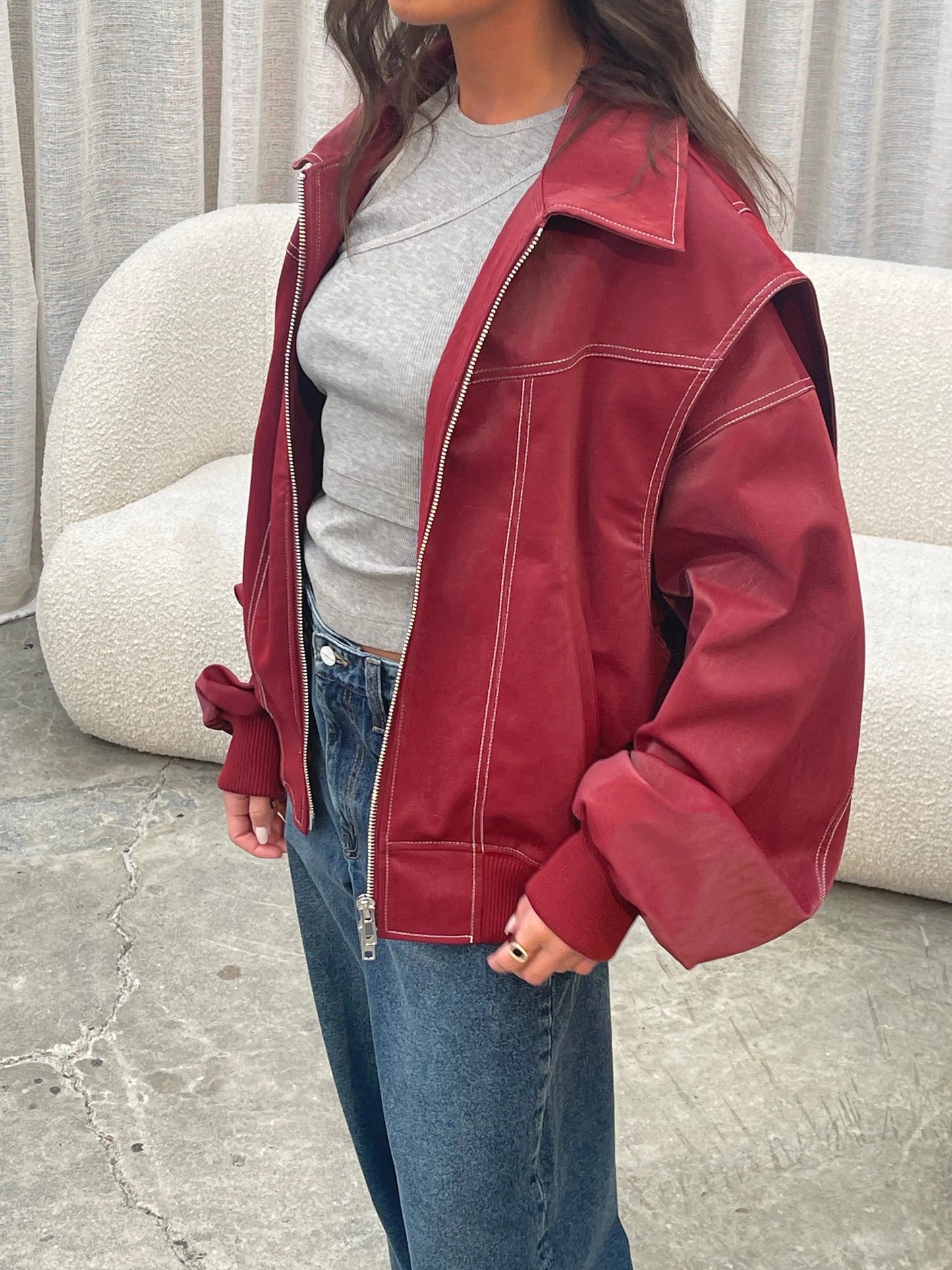 Street-wave Burgundy Oversized Zip Up Jacket With White Contrast Stitches For Fashion Forward Streetwear Lovers