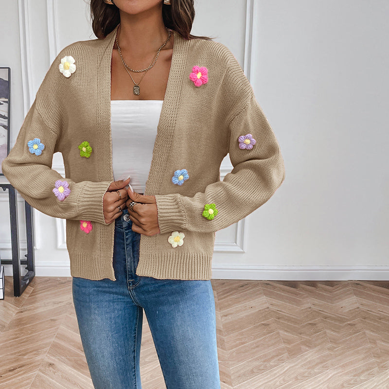 Street-Wave Floral Knit Cardigan With 3D Embroidered Flowers For Women Cozy Versatile Cotton-Acrylic Blend