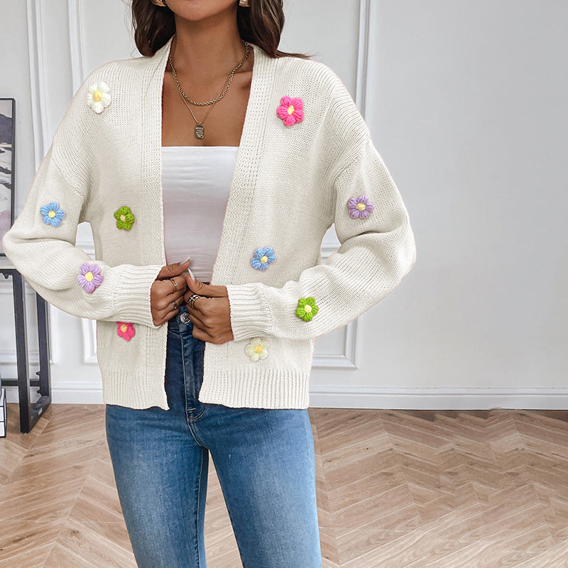 Street-Wave Floral Knit Cardigan With 3D Embroidered Flowers For Women Cozy Versatile Cotton-Acrylic Blend