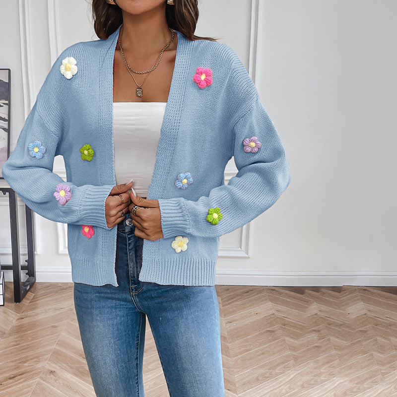 Street-Wave Floral Knit Cardigan With 3D Embroidered Flowers For Women Cozy Versatile Cotton-Acrylic Blend