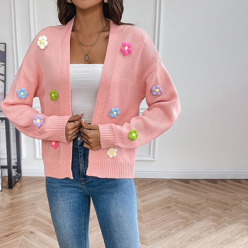 Street-Wave Floral Knit Cardigan With 3D Embroidered Flowers For Women Cozy Versatile Cotton-Acrylic Blend