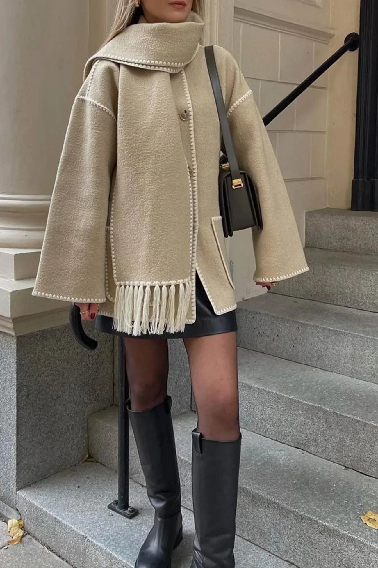 Street Wave Poncho Coat Wool Blend Warmth With Oversized Fit High Collar Three Quarter Sleeves For Women