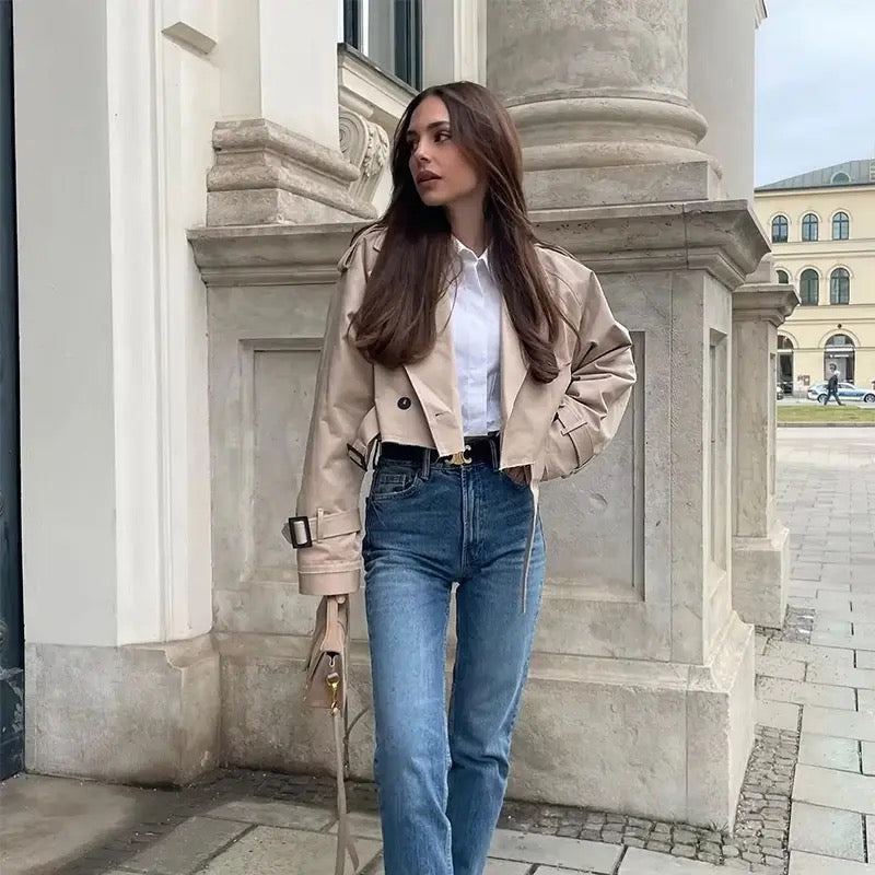 Street Wave Cropped Trench Coat For Women Elegant Breathable Jacket With Modern Silhouette