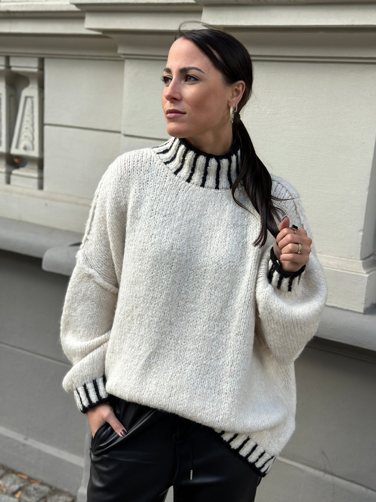 Street-wave Knit Sweater With Bold Stand Up Collar For Timeless, Chic Winter Style For Women