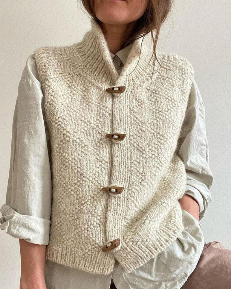 Street Wave Knit Vest With Wooden Buttons Cozy Rustic Structured Knit For Everyday Casual Wear