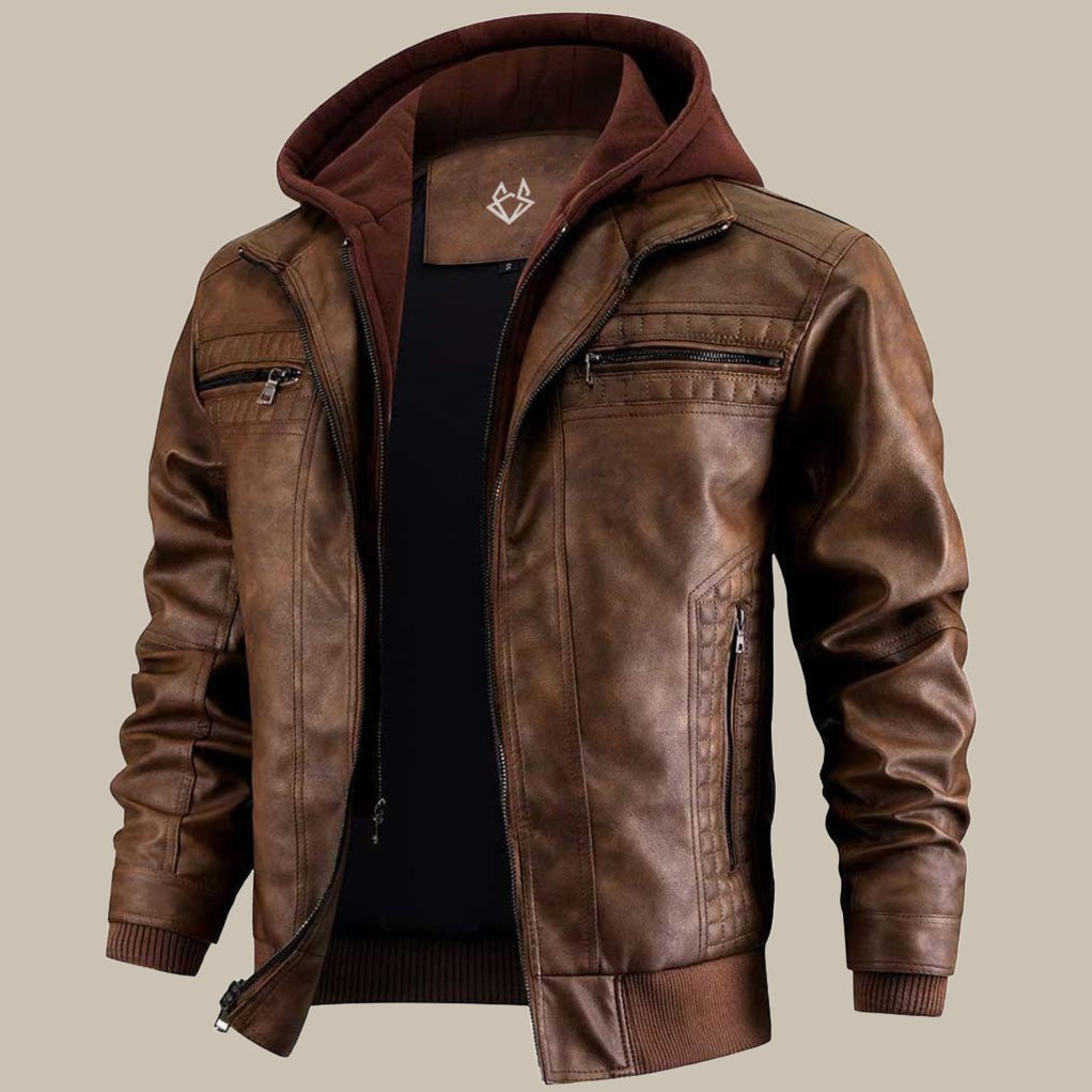 Parker Vegan Leather Hooded Jacket For Men By StreetWave With Utility Pockets