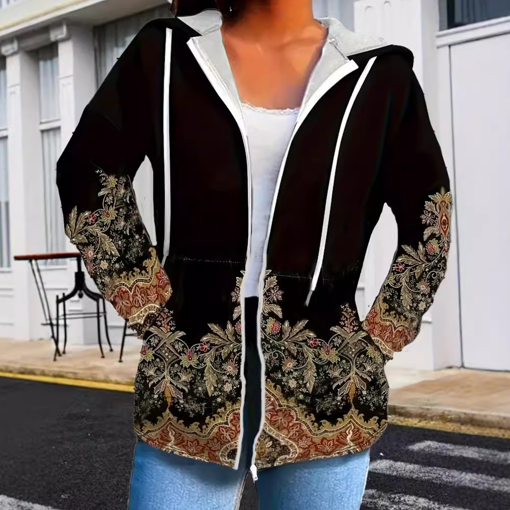 Street Wave Women's Hooded Winter Coat With Ornate Border Warm Cozy Stylish Outerwear