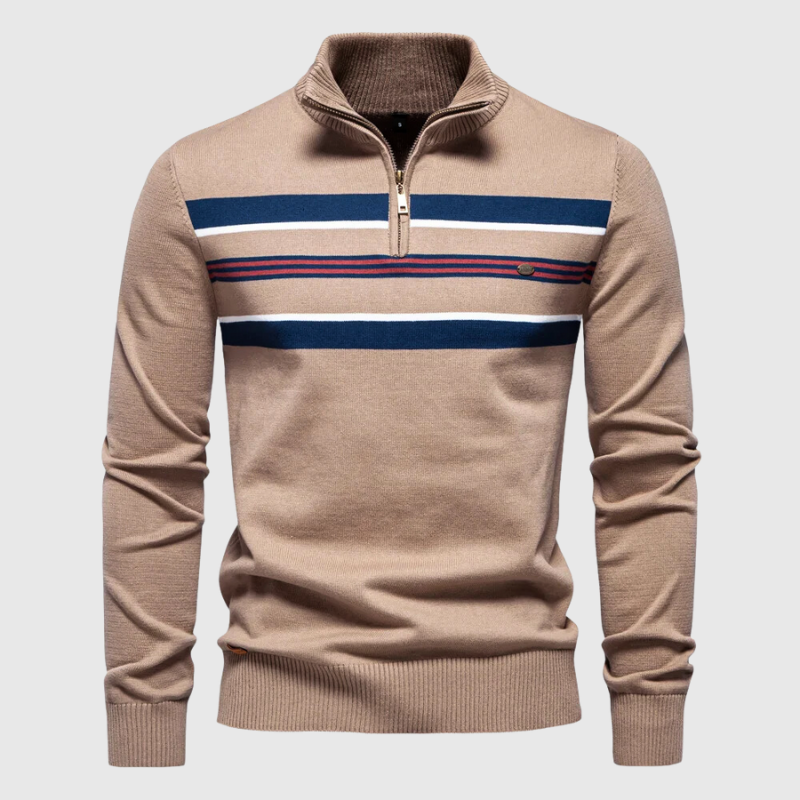 Street-wave Mens Zip Knitted Pullover Striped Design Versatile Modern Sweater For Everyday Wear